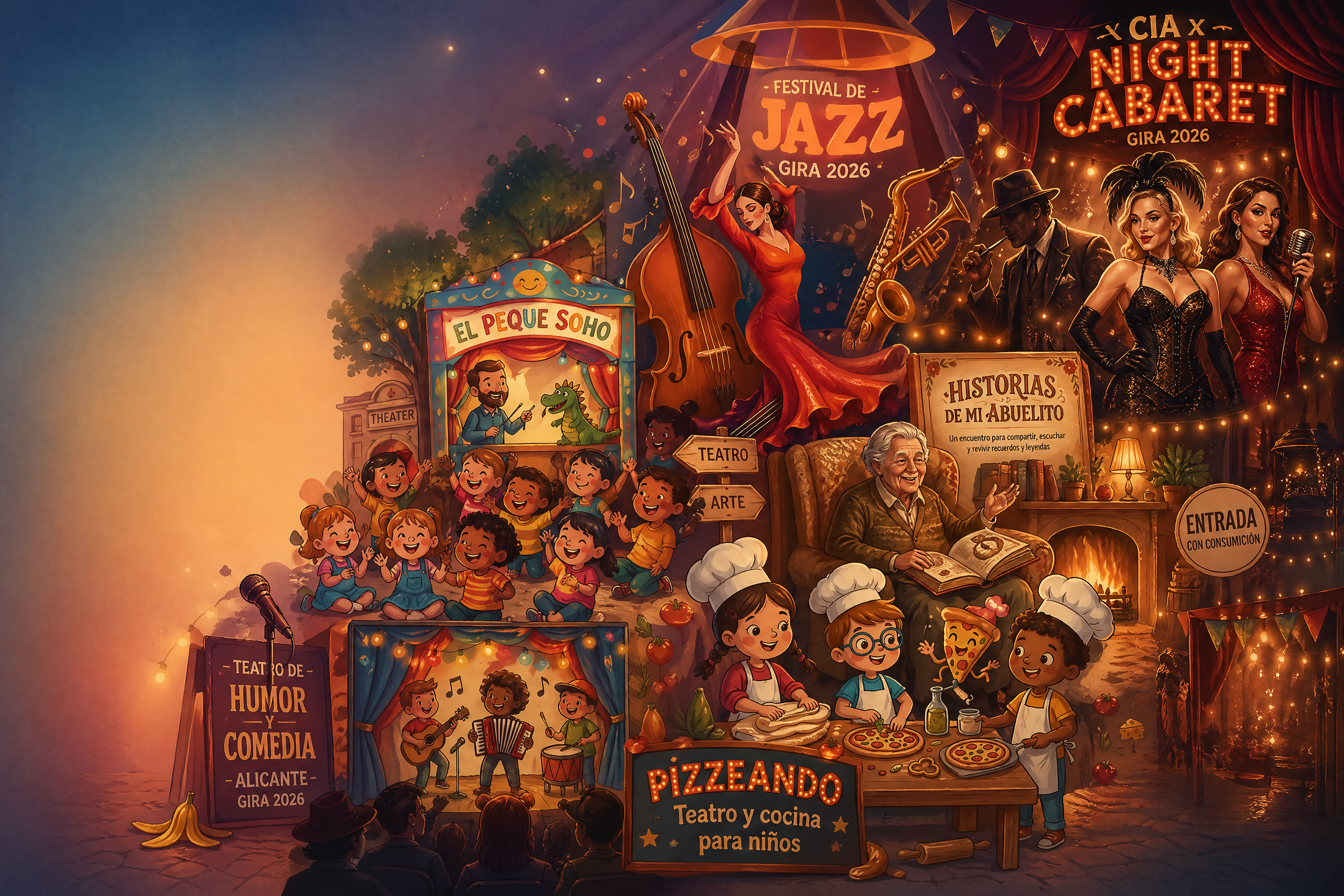 Composición ilustrada con escenas de los espectáculos: Night Cabaret, Festival de Jazz, El Peque Soho, Historias de mi abuelito, Pizzeando y Humor y Comedia.