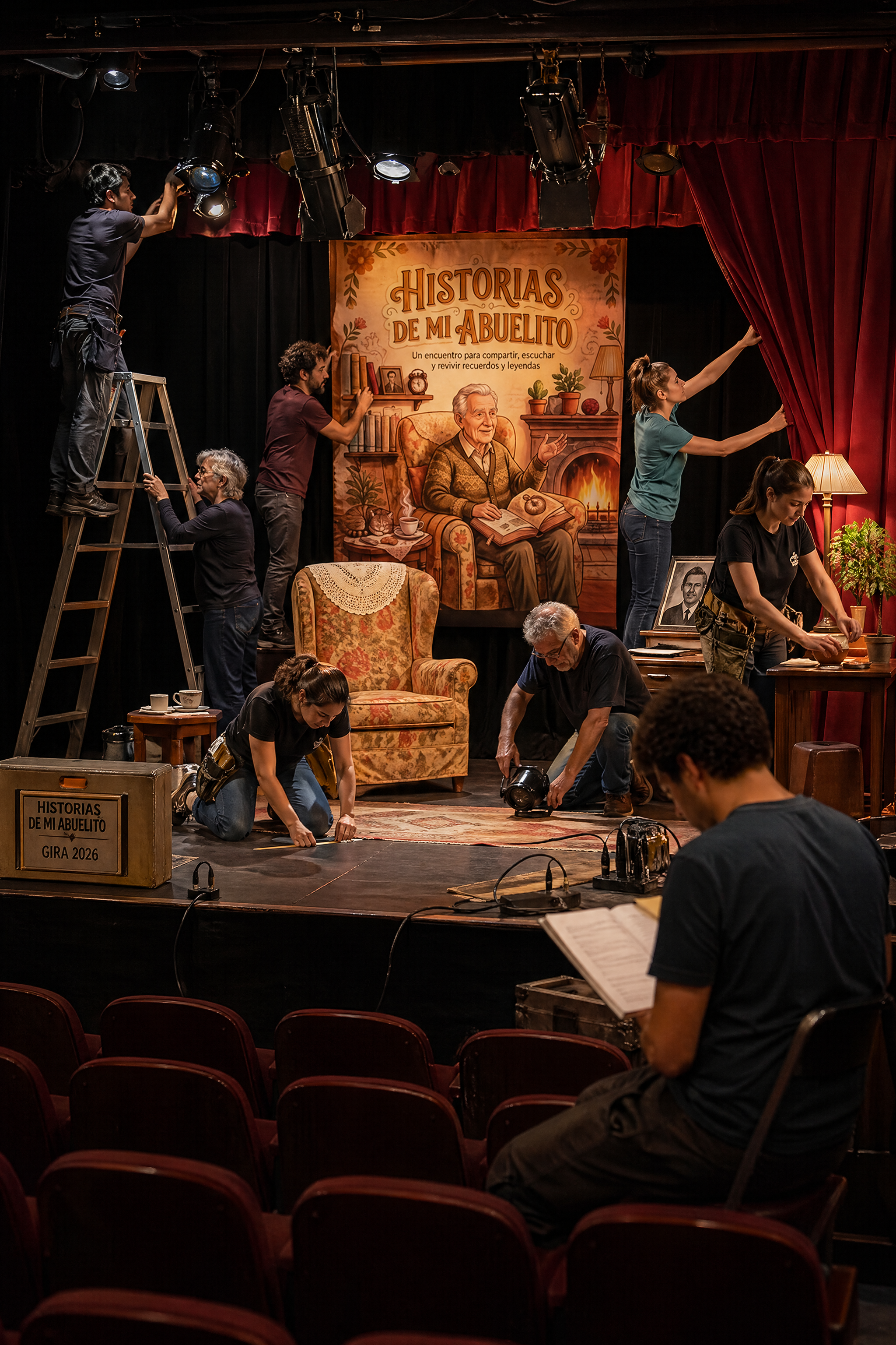 El equipo de Esperando en la Cola montando un escenario con el cartel de Historias de mi abuelito al fondo.